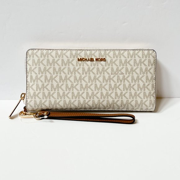 Michael Kors Jet Set Travel Large Continental Wallet Wristlet MK Vanilla Luggage - Picture 1 of 11